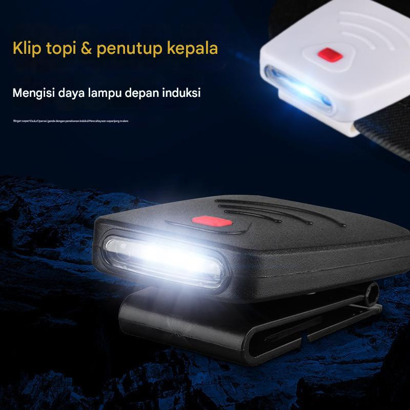 Lampu Kepala Klip Topi/Baterai Tahan Lama LED Ultra-ringan Pengisian Tipe-C Lampu Sensor Cocok untuk