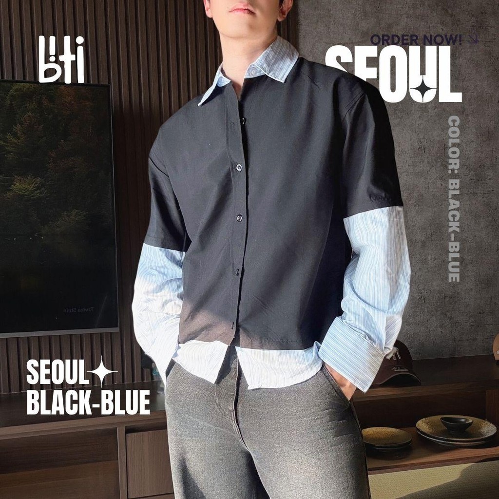 BITI Seoul Shirt | Kemeja Layer 2 in 1 Lengan Panjang Pria Hitam Garis