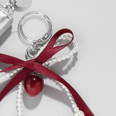 Wine Red Ribbon Cherry Pendants Keychain Women Sweet White Pearl Bow Backpack Key Ring Jewelry Bags 