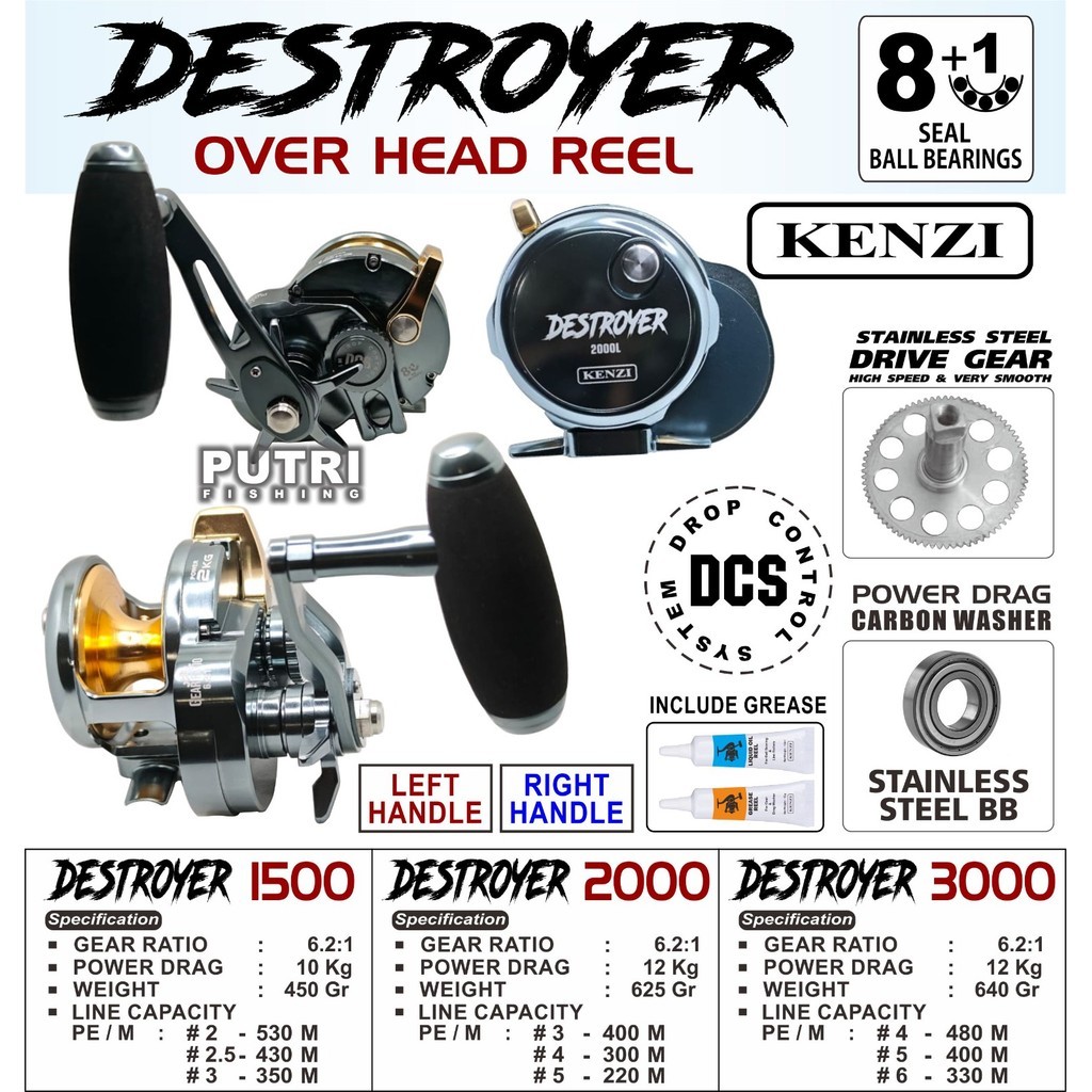 REEL KENZI DESTROYER Overhead 1500 2000 3000 Reel Pancing Laut Kuat 8+1BB Drag 10-12Kg Left/Right Ha