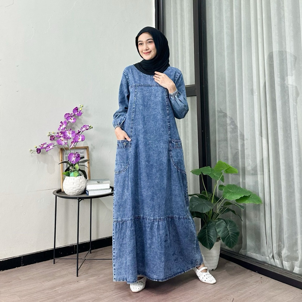 FERTUSHOP  Gamis Susun Jeans Wanita Non Busui Rempel Bawah