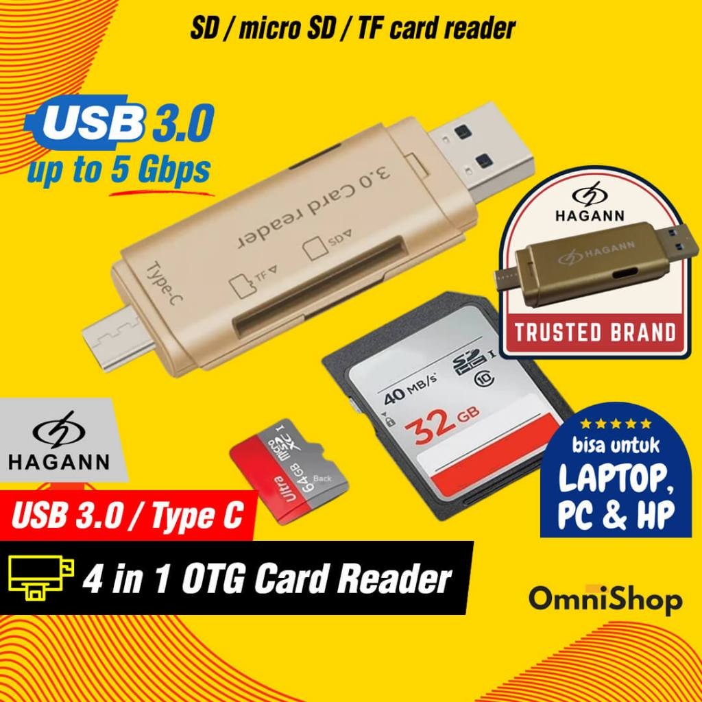 Mini Card Reader 4 in 1 HAGANN CR-030 Adapter USB 3.0 Type C for SD Card & Micro/TF Card Smart OTG C