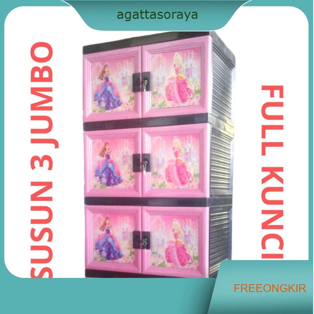 LEMARI PAKAIAN PLASTIK KACA JUMBO PRINCESS HELLO KITTY PINK KUNCI