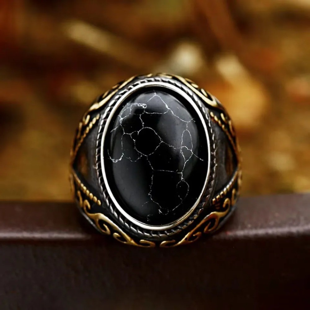 Cincin Pria Perak Emas Batu Turquoise Hitam Permata Titanium Baja Vintage Punk Hip Hop Fashion Pola 