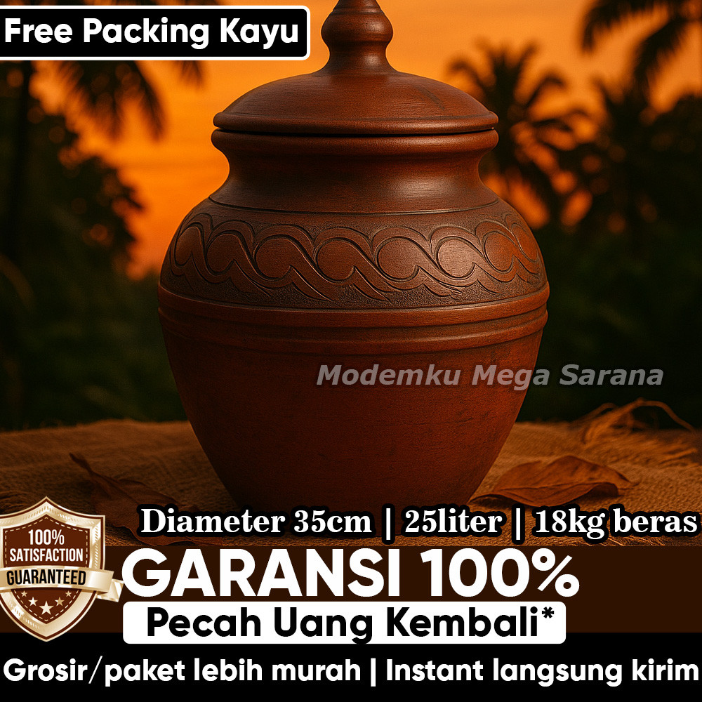 [Packing Kayu] Gentong Jumbo Besar Tanah Liat Tempat Beras Genthong 25 Liter Air - 18 kg beras | Paw