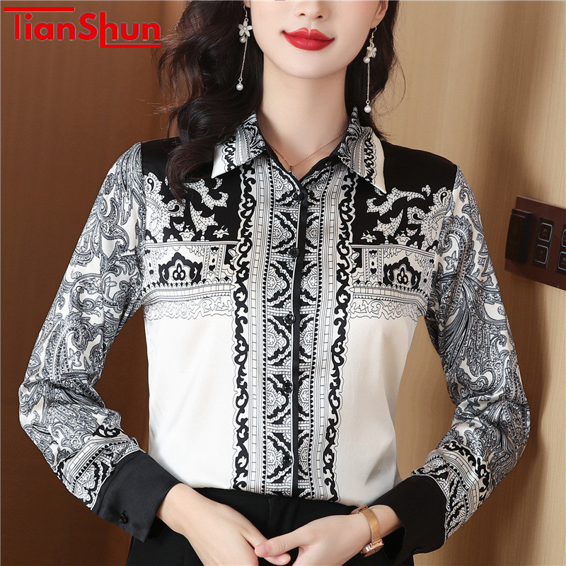 TianShun Versi Korea Dari Pakaian Wanita OL Kasual Hitam Dan Putih Kemeja Cetak Retro Lengan Panjang