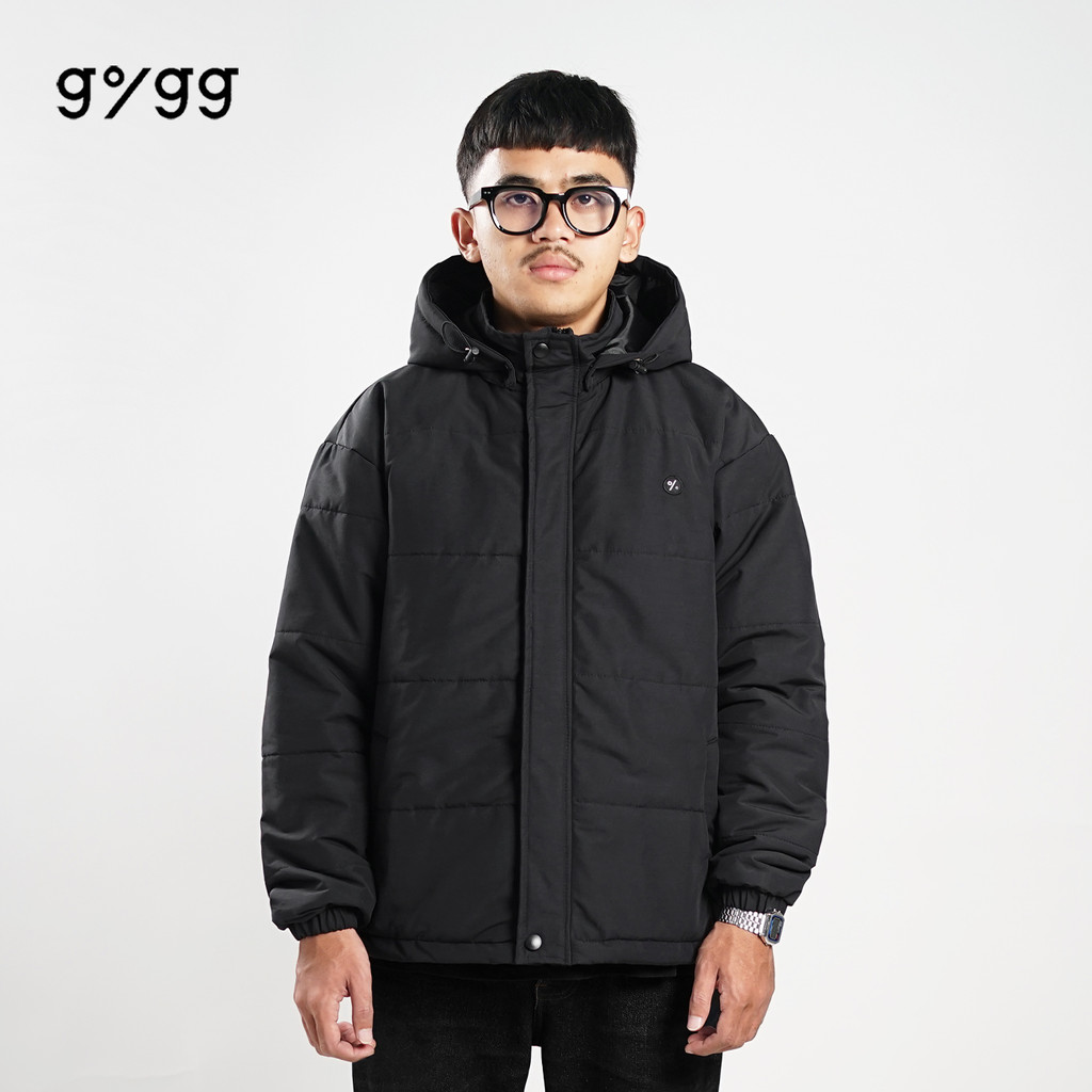 Gigg - Xogra - Jaket Puffer Hoodie Hitam Pria - Windproof Jacket Black - Jaket Gunung Tebal Cowok