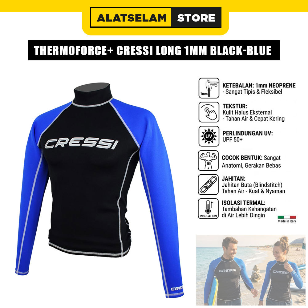 ThermoForce+ Cressi Long 1mm BLACK-BLUE UNISEX / Pakaian Renang Snorkling / Pakaian Renang 1mm Neopr