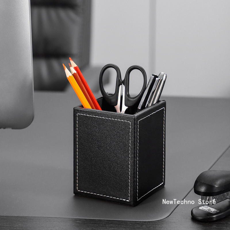 

Leather Pencil Holder Creative Student Stationery Office Simple Square Pencil Case Desk Organizer Black Business