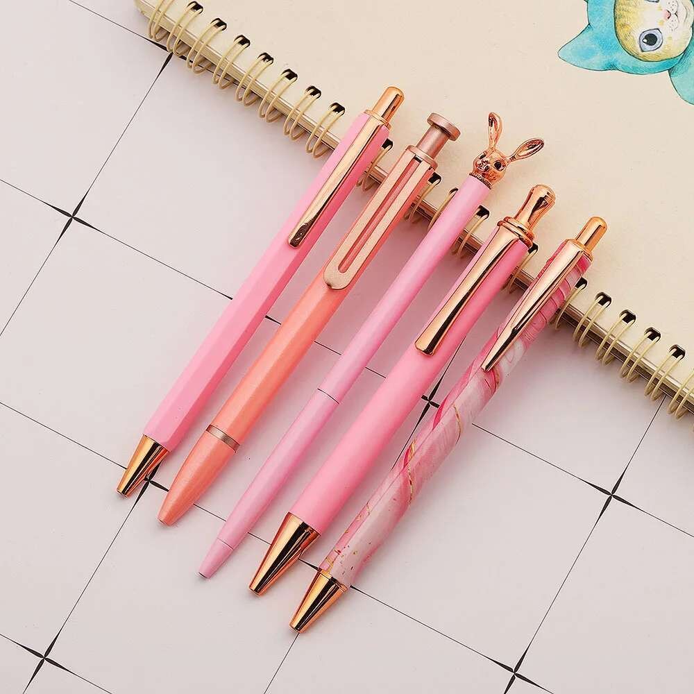 

Lytwtw's Cute Pink Press Rotate Ballpoint Pen Luxury Kawaii Metal Stationery School Office Supplies 5 Pieces