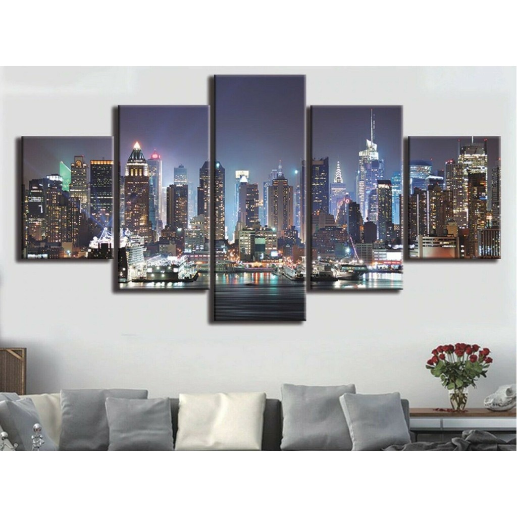 

New York Modern City at Night 5 Panel Canvas Picture Print Wall Art Canvas Painting Wall Decor for Living Room Poster No Framed