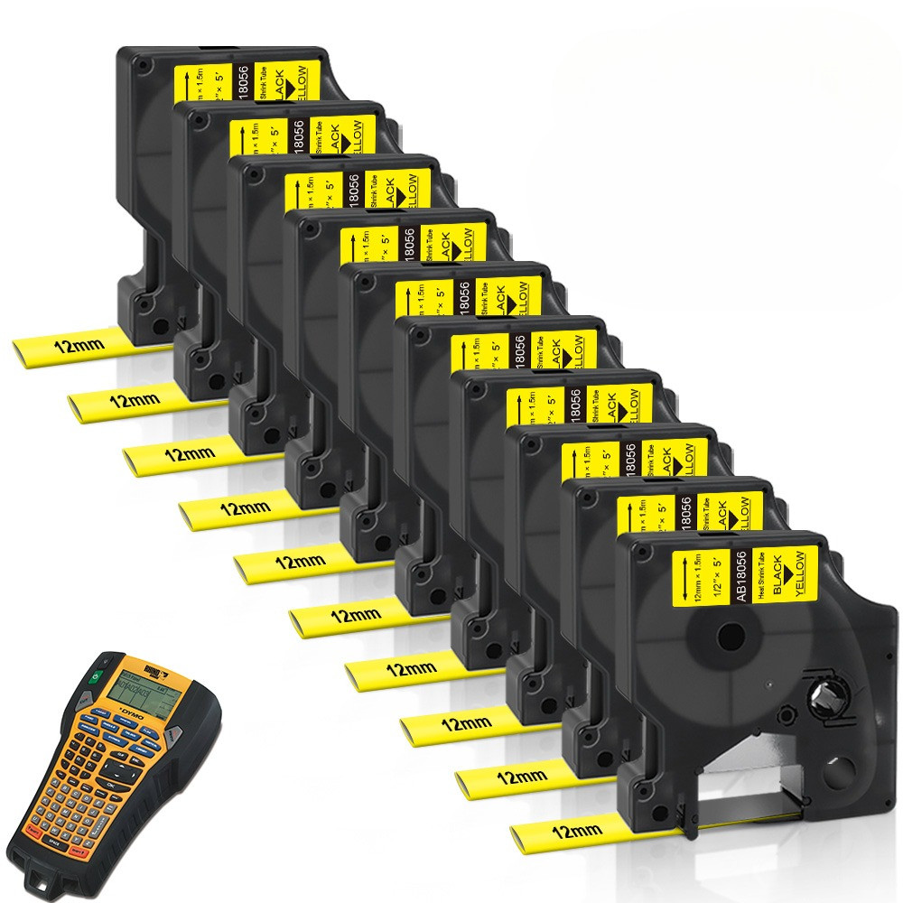 

10pcs 18056 for Dymo Rhino Heat Shrink Tube 12mm Label Tape Black on Yellow for Rhino 1000 3000 4200 5000 5200 6000 Label Maker