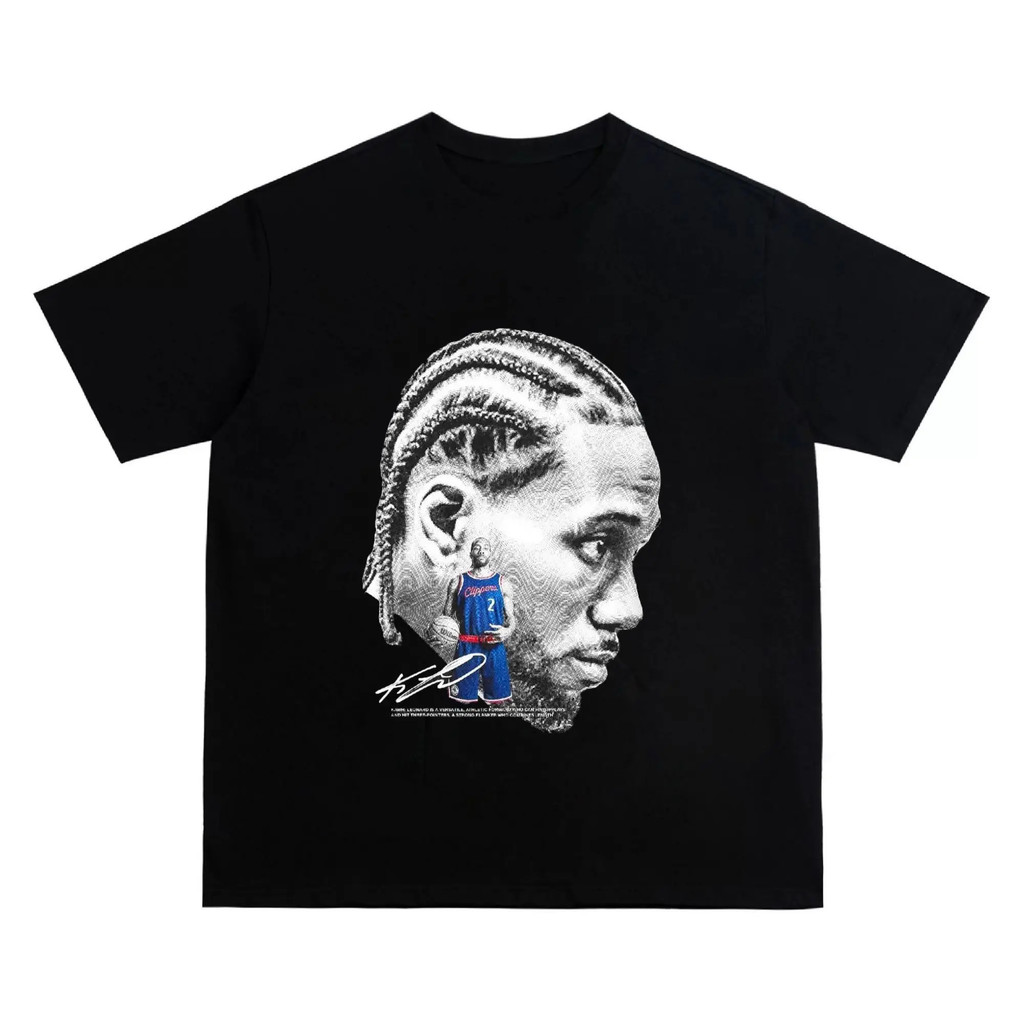 Cetakan kepala besar bintang - Pakaian basket lengan pendek katun berat Amerika kaos longgar bernapa