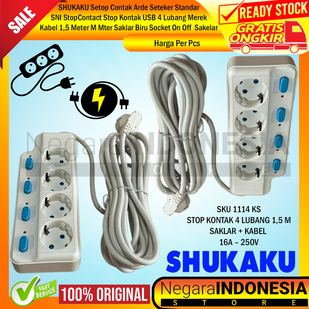 SHUKAKU Stop Kontak USB 4 Lubang StopContact Merek Merk Kabel 1,5 Meter M Mter Saklar Biru Socket To
