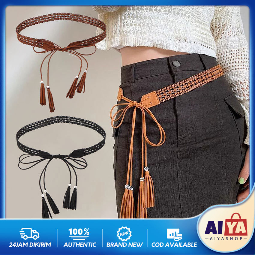Tali Ikat Pinggang Wanita Belt Tassel Kulit Pita Simple Kepang Lebar Model Tassel Gaya Bohemian Retr