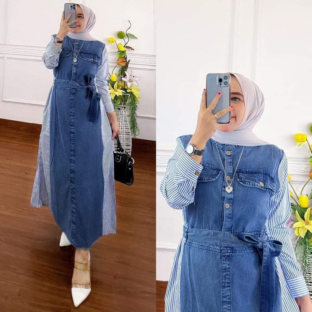 MACIAS_ Gamis Jeans kombinasi Salur / Gamis Jeans wanita / Gamis Muslim wanita /Celline Dress Maxy J