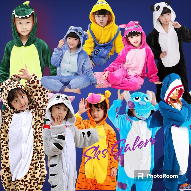 Baju Kostum Piyama Tidur Cosplay Anak Laki Laki Perempuan Motih Hewan kartun Dinosaurus spiderman je
