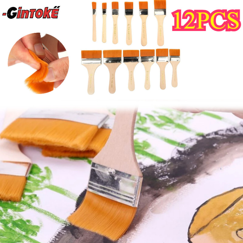

12pcs/Set Kuas Lukis Lebar Gagang Kayu Kuas Bulu Nylon Kuas Lukis Bali Artist Flat Painting Brush