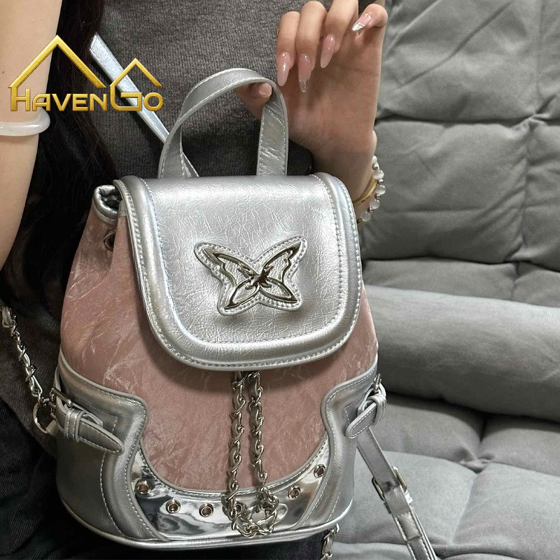 Backpack Y2K Tas Bahu Rntai Tas Wanita Perak Lucu Perguruan Tingg Lucu Import Korea