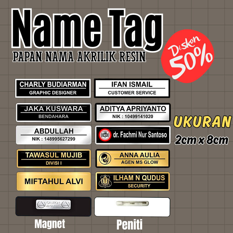 Name Tag Nama Dada Nama Dokter Akrilik Magnet Peniti Gold Silver