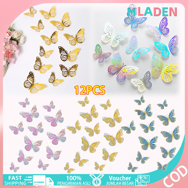 12PCS 3D Menghiasi Kupu-kupu Di Dinding Stiker Tiga Dimensi Laser Warna-warni Tiga Dimensi Kamar Tid