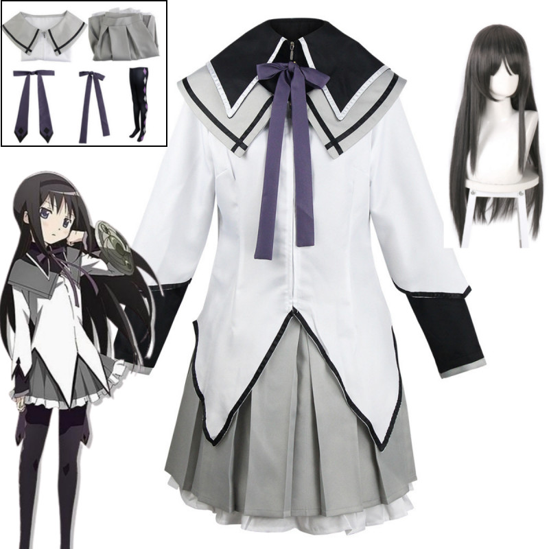 Ainime Akemi Homura Cosplay Puella Magi Madoka Magica Cosplay Bow Wig Halloween Party Uniform Combat