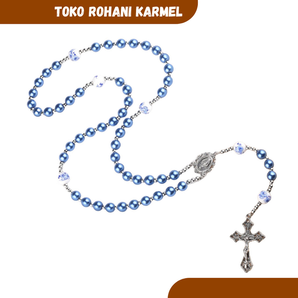 KALUNG ROSARIO BLUE GLOSSY – ROSARIO KALUNG KATOLIK MUTIARA SINTETIS 8MM / ROSARIO ASLI KONTAS