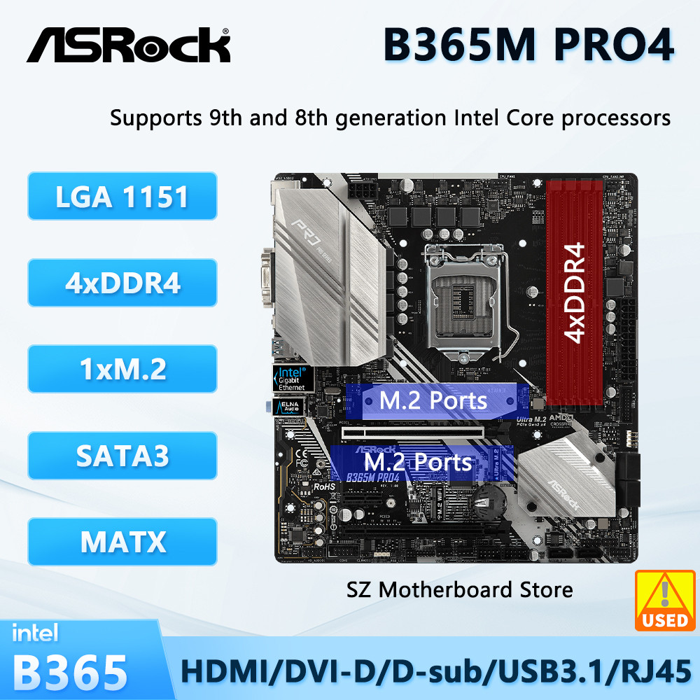 ASROCK B365M Pro4 B365 LGA 1151 Motherboard Support i9-9900K/9900 i7-9700K i5-8500 /9400F i3-9100 CP
