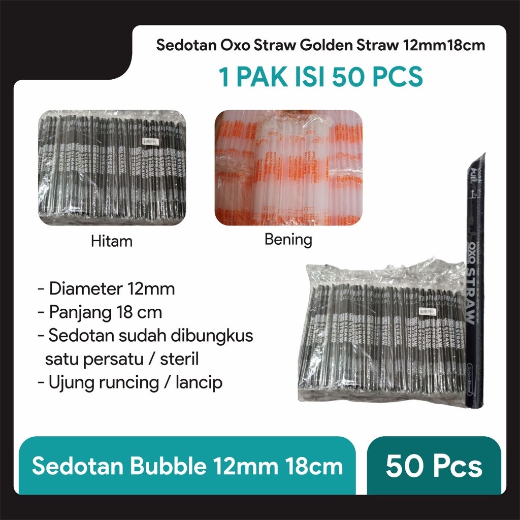 Sedotan Bubble Boba Sedotan Minuman Boba Oxo Golden Straw 12mm 18cm 50Pc 1218 untuk Franchise Usaha 