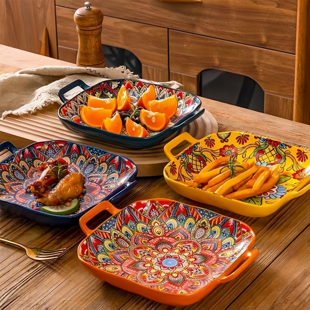 Bohemian double ear square ceramic plate creative household sh plate net red fruit spaghetti plate o
