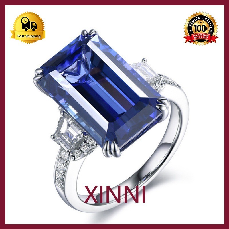 XINNI Cincin Terbuka Perhiasan Fashion S925 Baru Elegan Persegi Panjang Safir Simulasi Tanzanite yan