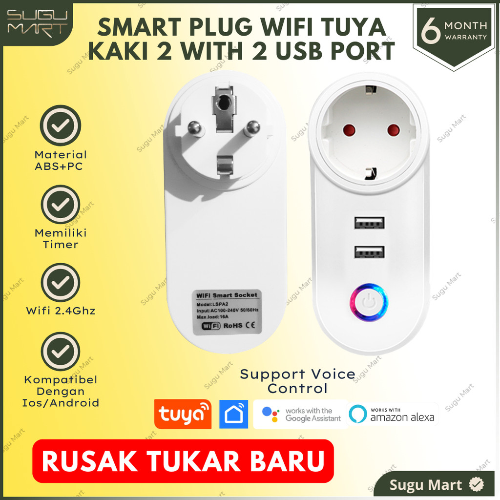 Smart Plug Wifi Tuya Kaki 2 With 2 Usb Port | Oversteker Kaki 2 Tuya Smart Home Kaki 2 | Smart Plug 