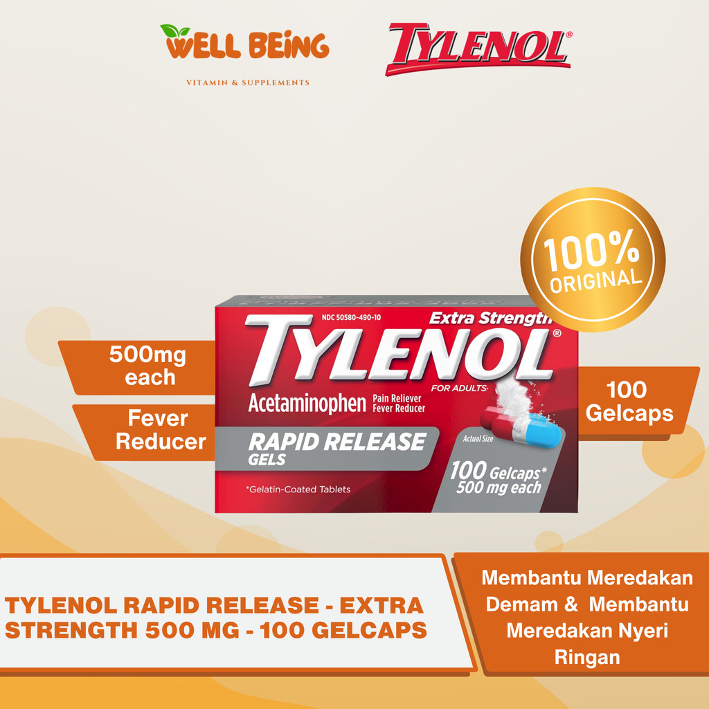 Tylenol Extra Strength Rapid Release Gels 500 mg Isi 100 Gelcaps | WellBeing Original USA Membantu M