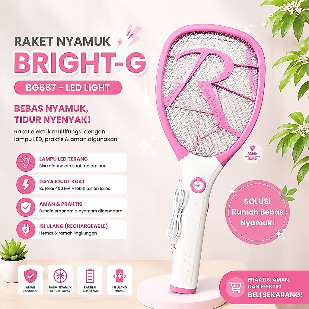Raket Nyamuk Bright-G BG667 - Sengatan Kuat 3.600 Volt dengan Lampu Senter LED