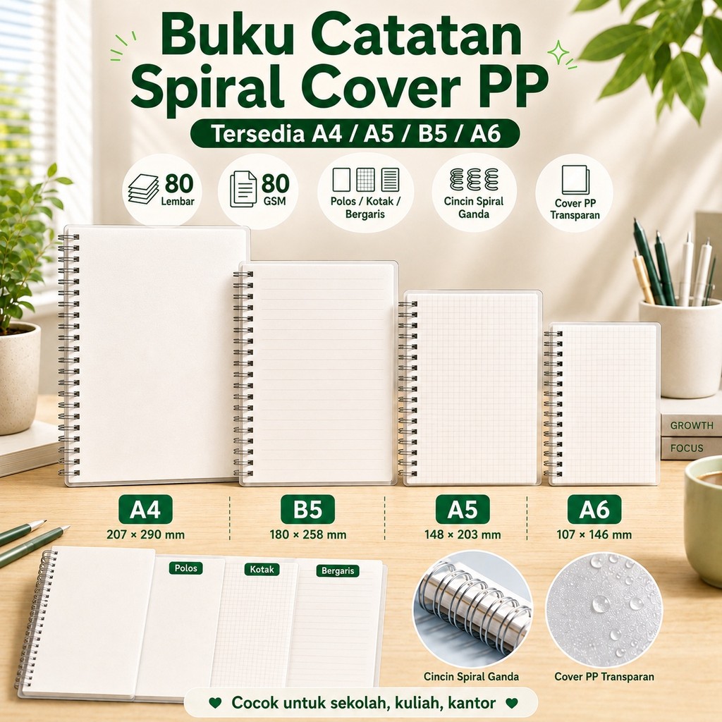 Buku Catatan Spiral A6 A5 B5 A4 80 Lembar Cover Transparan Grid/Kotak/Garis Buku Tulis Jurnal Notebo