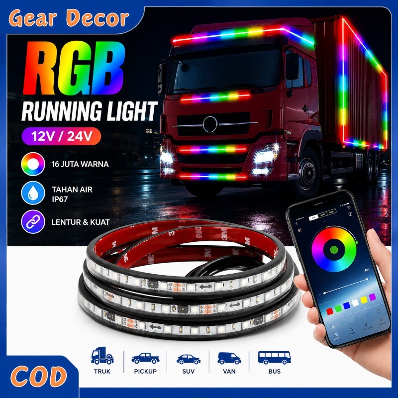 Lampu Kaca Running LED Strip APP 12V 24V 2M Lampu Variasi Truk Bus Canter RGB Running Light Waterpro