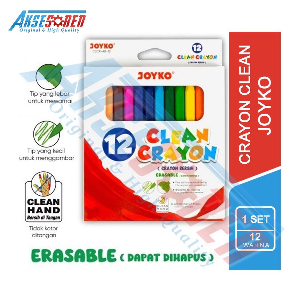 

Aksesoren Crayon Clean Joyko 12 Warna [1 Set] / Krayon Bisa Dihapus Bersih 24 Warna / Crayon Erasable Clean Clear 1 Pack