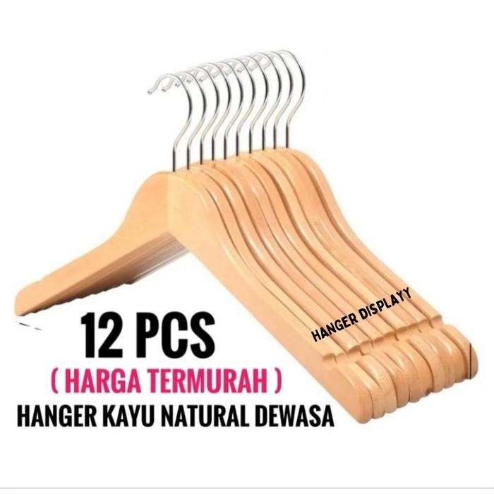 

Hanger kayu Dewasa (Wood) warna Natural 1 Lusin / Gantungan Baju Butik Distro / Hanger Toko (12 pcs) - natural