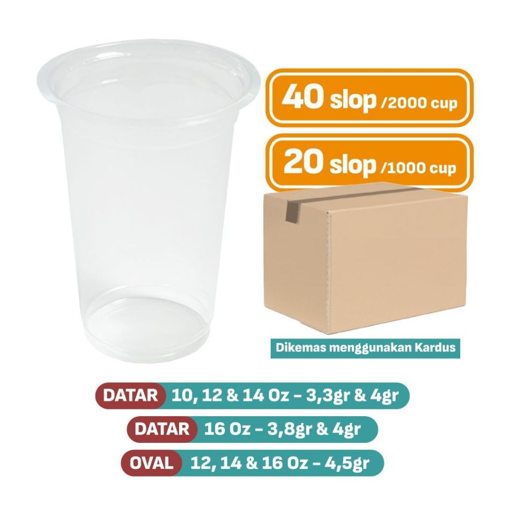 1 DUS Gelas Plastik 10, 12, 14 & 16 Oz Datar + Oval / Gelas Plastik Kopi / Gelas Plastik Tahan Panas