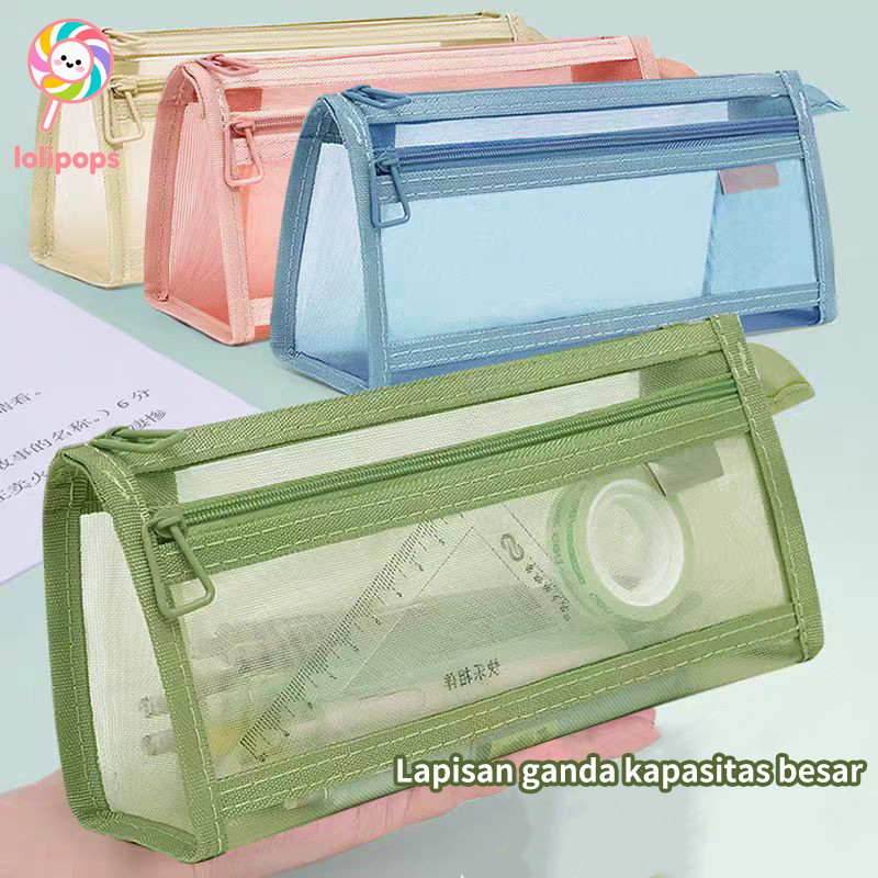 

Tempat pensil jala berkapasitas besar transparan sederhana / tas alat tulis segitiga tiga dimensi /Mesh pencil case