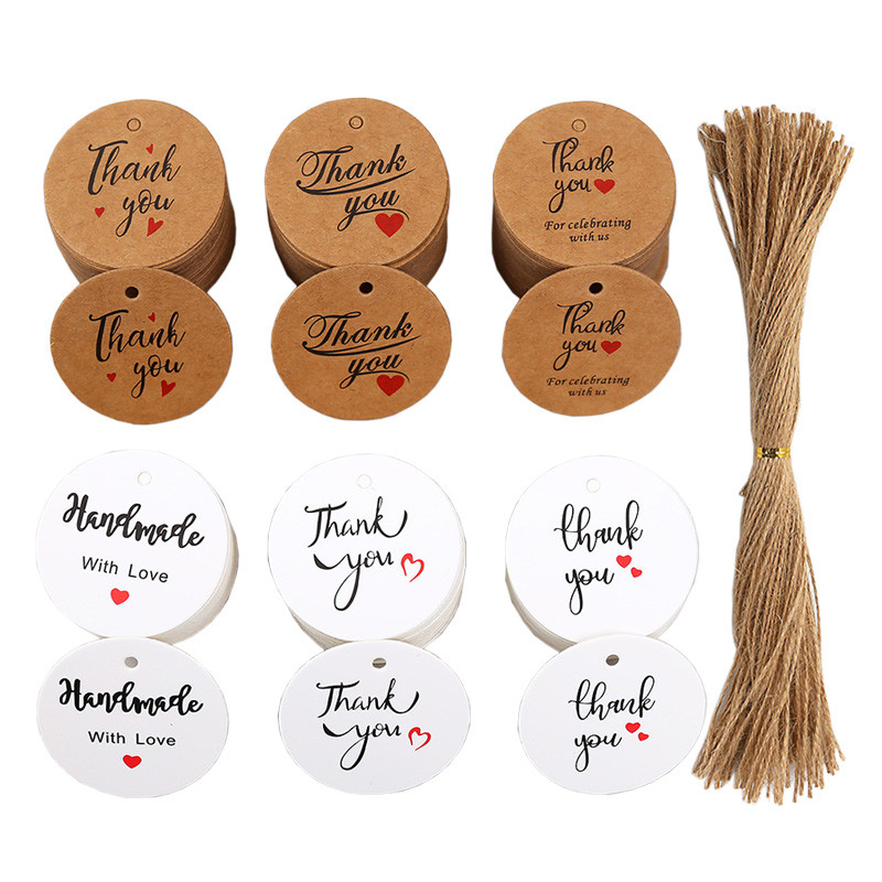 

100pcs 4cm Thank You Tags with Hemp Strings White Kraft Round Paper Cards Round Garmen Tag Labels Handmade DIY Crafts Supplies
