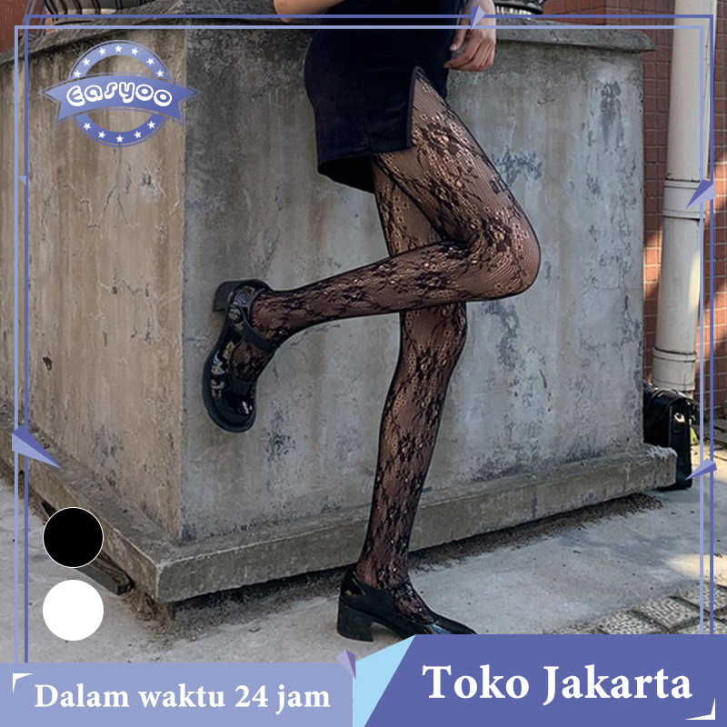 Stocking Putih Lace Stocking Motif Bunga Stocking Renda Stocking Bunga Warna Putih Dan Hitam Cosplay
