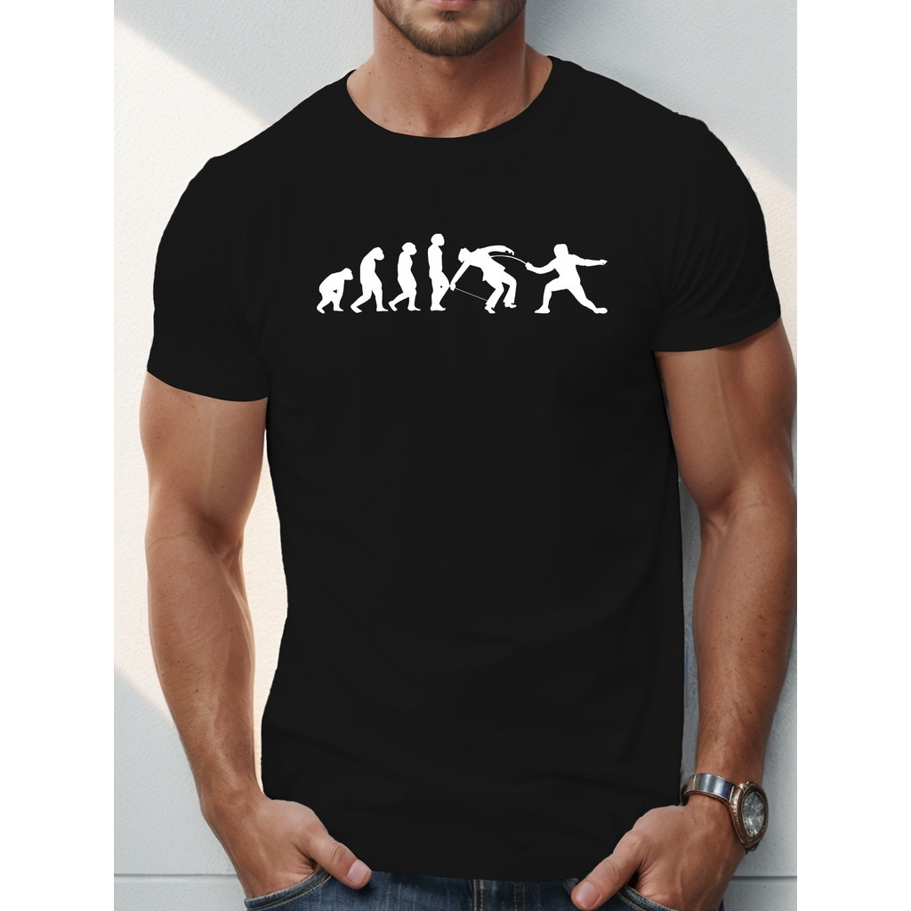 Kaos Pria Evolution Fencing - Hitam dengan Motif Anggar Putih - Bahan Breathable untuk Olahraga & Sa