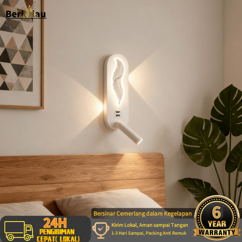 Lampu Dinding Kamar Tidur Minimalis dengan Desain Bulu Unik, 2 USB Charger Praktis & Lampu Baca Arah