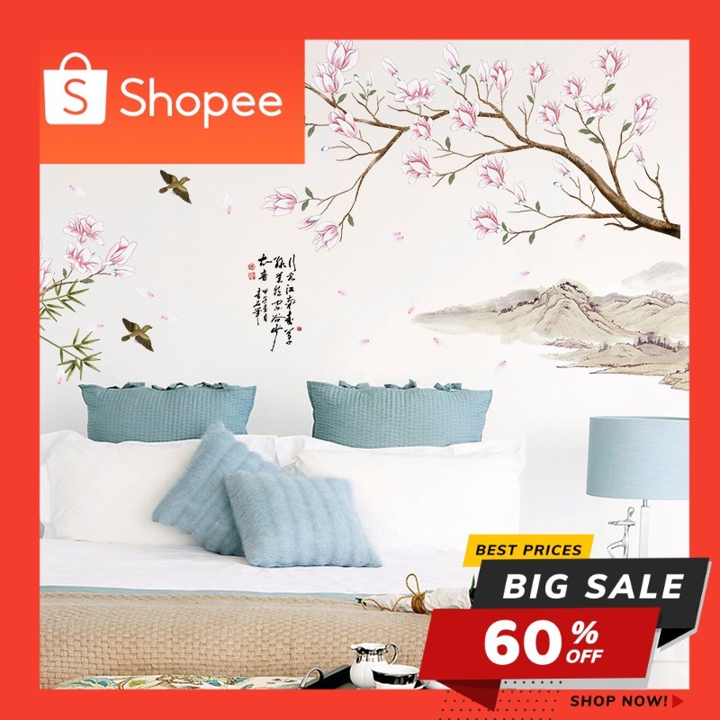 Reliza Wall Sticker Oriental Flowers Sakura Pemandangan Chinese Stiker Dinding LDR