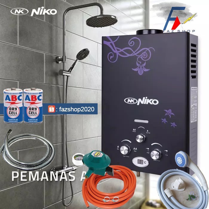 TERLARISWater Heater Pemanas Air Mandi Gas NIKO Led Hitam Set