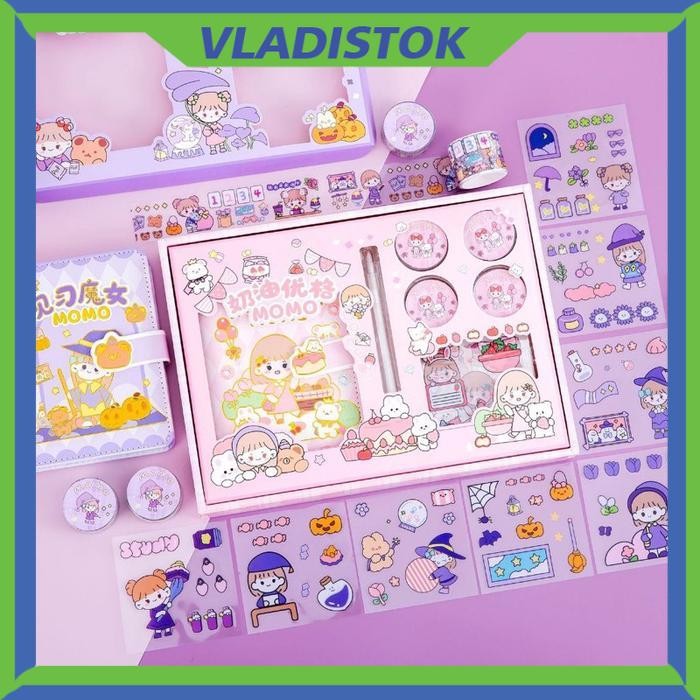 Set buku diary lucu sticker momo kado anak perempuan cute journal - Merah Muda