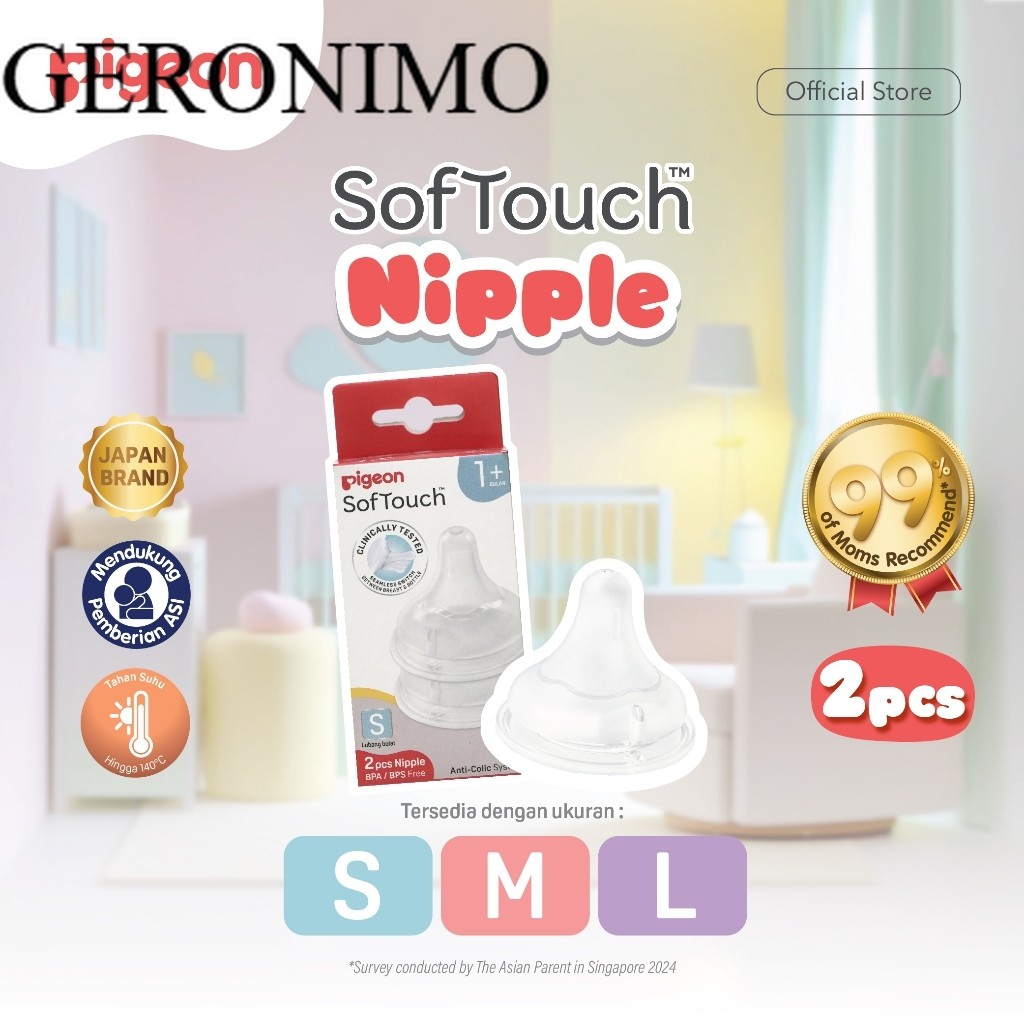 [ GERONIMO ] PIGEON SofTouch Nipple Dot Wide Neck- 2pcs Box | Pilih Size | Dot Seperti Payudara Ibu 