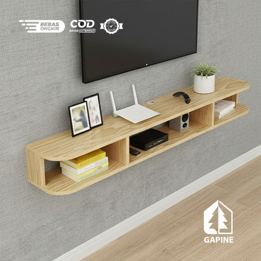 Rak TV Gantung Kayu Pinus Premium – Floating Shelf Estetik Minimalis, Kokoh & Rapi, Bisa Custom Ukur