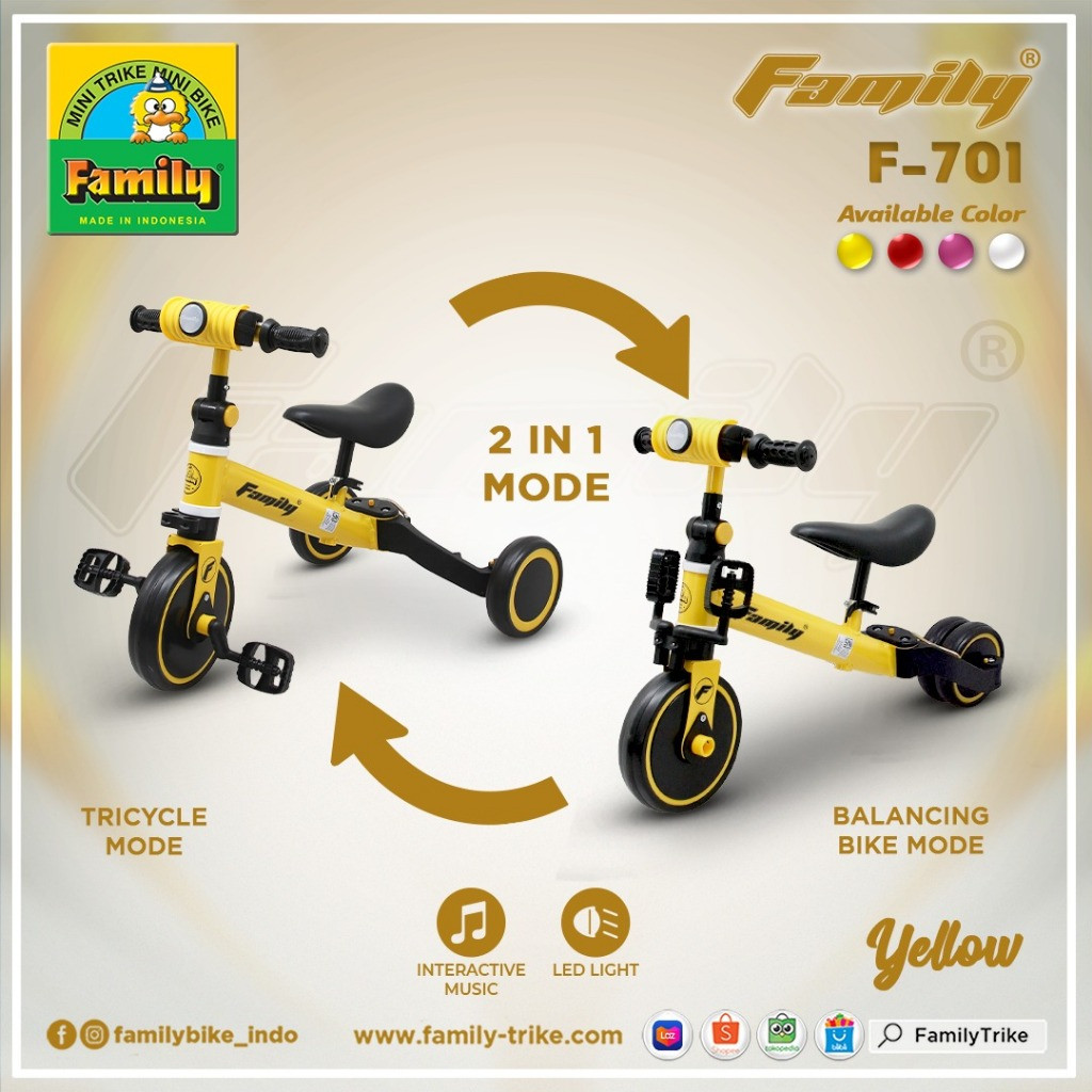Family Balance Bike F-701 / Sepeda Anak Roda 3 / Sepeda Keseimbangan Anak Tricycle Stroller Anak 2 i